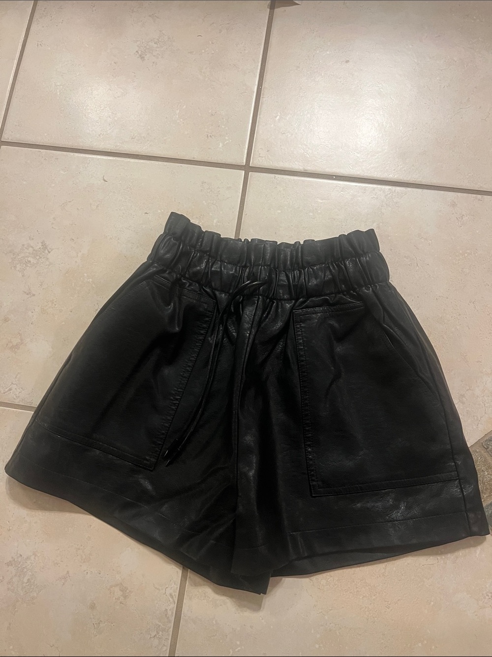 High-Waist Black Faux Leather Paperbag Shorts